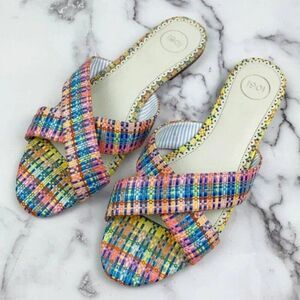 1901 Bryers Cross Band Slide Sandal Lemon Multi Raffia Pink Yellow Blue size 8.5